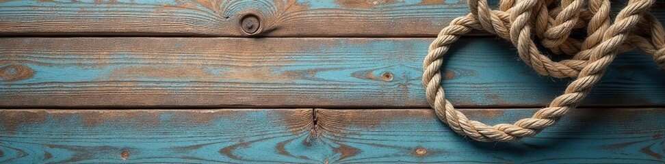 Fototapeta premium Weathered wood plank background, distressed nautical rope, adventure, crossbones