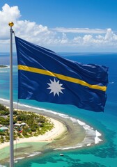 Waving Nauru Flag Representing Island Geography Against the Tropical Pacific Island Coastline Backdrop