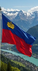 Waving Liechtenstein Flag Symbolizing Principality Pride Amidst the Alpine Majesty of the Rhine Valley