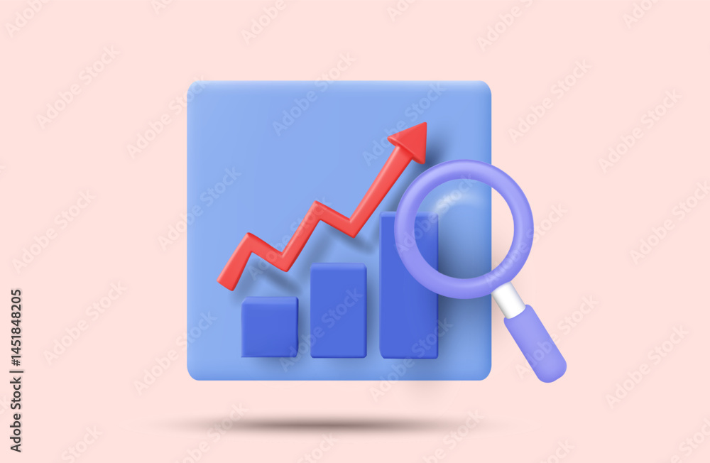 Aufkleber 3d illustration vector render of uptrend bar graph icon with arrow and magnifying glass search. conc