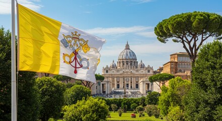 Waving Vatican City Flag Symbolizing Faith and Sovereignty Over the Serene Vatican Gardens Backdrop