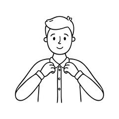 A person adjusting the collar of a buttoned shirt