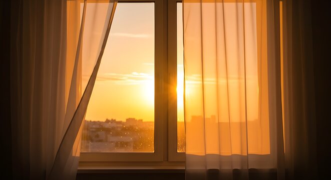 Fototapeta Window View with Sunrise over City Skyline   Warm Golden Light Through Curtains for Home Interior Design and Real Estate Marketing