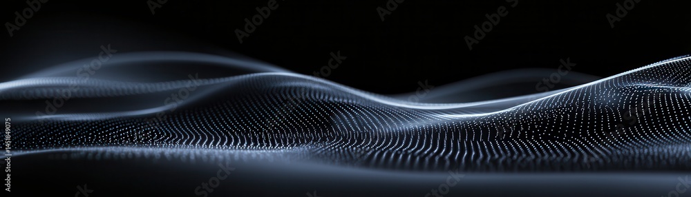Aufkleber Elegant Wavy Particle Surface with Blue and White Gradient Lights on Dark Background for Modern Digital Technology Presentation with Smooth Curves