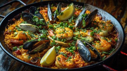 A delicious seafood paella in a pan 