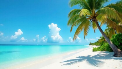 White sand beach, turquoise ocean, palm trees swaying in gentle breeze, calm, serene