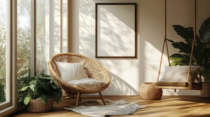 Tranquil indoor space with wicker furniture and plants. Sunlight streams in, creating a serene atmosphere