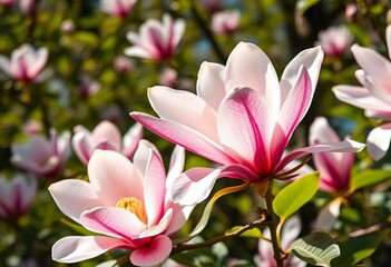Fototapeta premium Royal Star Magnolia blooms, Riga Botanical Garden, Latvia Spring sunlight, sweet fragrance, springtime blooms, blooming