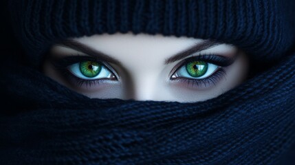 Mysterious Gaze: Intimate portrait of captivating emerald eyes peeking through dark fabric, evoking intrigue, mystery, and a hint of concealed beauty.