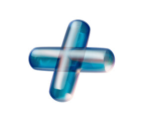 A sleek transparent blue 3D plus sign with a glossy, futuristic and reflective look. 3D Illustration