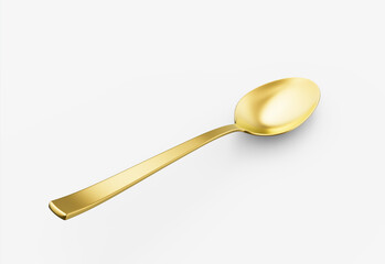 A shiny golden spoon with a reflective surface, slender handle and oval bowl. 3D Illustration.