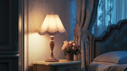 123. Bedroom nightstand with lamp and dim light through curtains
