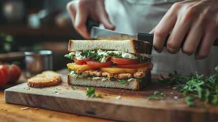 Person cutting a delicious sandwich on a wooden board, morning ritual, healthy breakfast, and culinary vibes, 3D render.