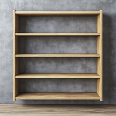 Empty wooden shelving unit against a textured wall
