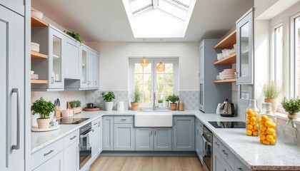 Sunny and inviting kitchen with pastel blue cabinets, spacious countertops, and a skylight. This interior design features fresh plants, bright colors, and an airy aesthetic reflecting a modern lifesty