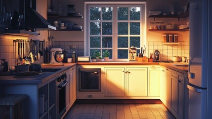 133. Home kitchen at dusk with soft lights and window fade