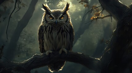 An eerie owl perched in the dark, shadowy woods, with a realistic depiction of its piercing eyes and nocturnal environment.