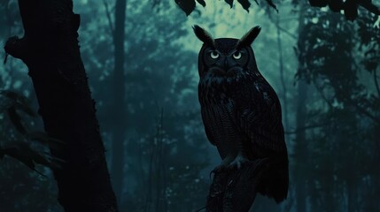 An eerie owl perched in the dark, shadowy woods, with a realistic depiction of its piercing eyes and nocturnal environment.
