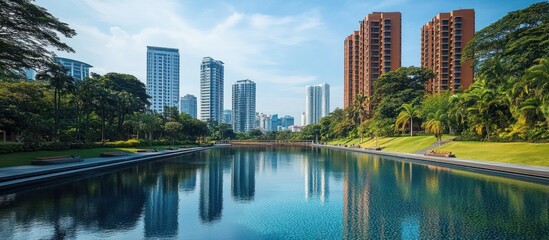 Fototapeta premium City park pond reflects skyscrapers