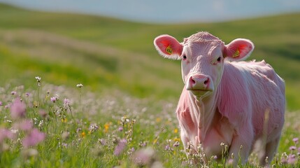 Pink cow in a meadow
