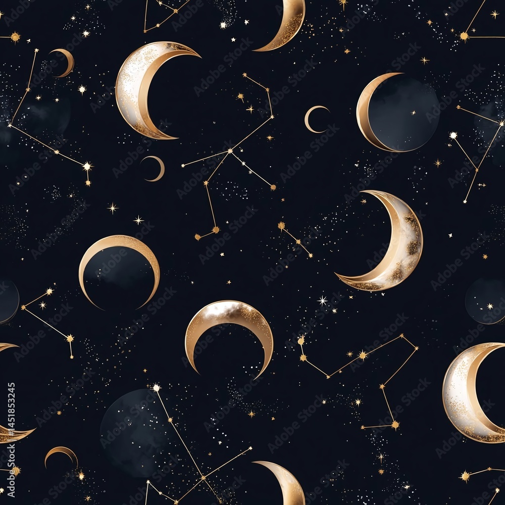 Poster celestial pattern featuring moons and constellations on a dark background, perfect for design use