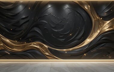 3D Render, Abstract Black And Gold Background, Liquid Waves With Golden Elements
