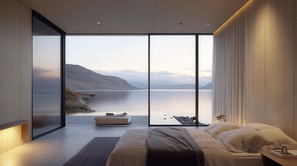 Modern seaside hotel rooms exude luxury and peace, with minimalist decor and large glass doors opening to stunning sea panoramas.