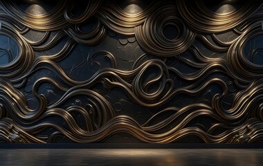3D Render, Abstract Black And Gold Background, Liquid Waves With Golden Elements
