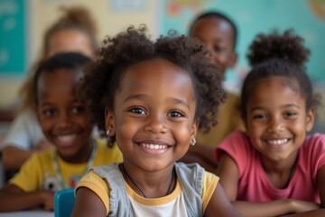 African-American Children Smiling and Posing for Group Portrait in Classroom