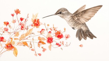 Hummingbird in Flight with Blossoms on White Background