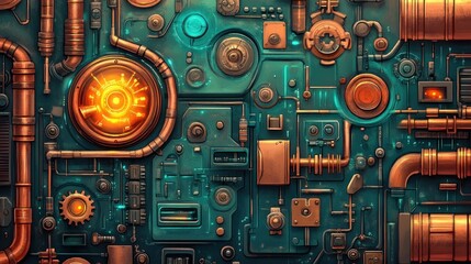 Fototapeta premium Detailed steampunk circuit board with glowing center. Copper pipes, gears, and teal panels