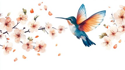 Hummingbird in Flight Amid Blooming Blossoms
