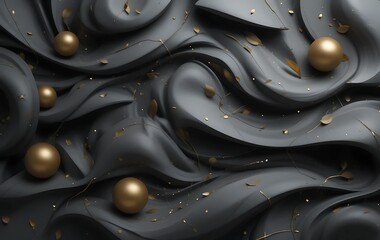 3D Render Of Black Wavy Background With Golden Christmas Balls