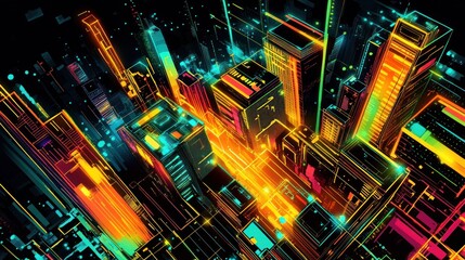 Futuristic city skyline, vibrant neon lights, digital art, abstract