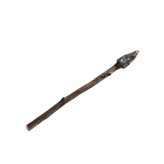 handmade flint-tipped spear with raw wooden shaft, rugged 