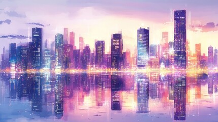 Fototapeta premium Vibrant city skyline reflected in water, pastel colors