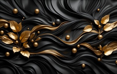 Black Wavy Background With Golden Leaves