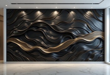 3D Render, Abstract Black And Gold Background, Liquid Waves With Golden Elements