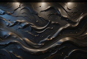 3D Render, Abstract Black And Gold Background, Liquid Waves With Golden Elements
