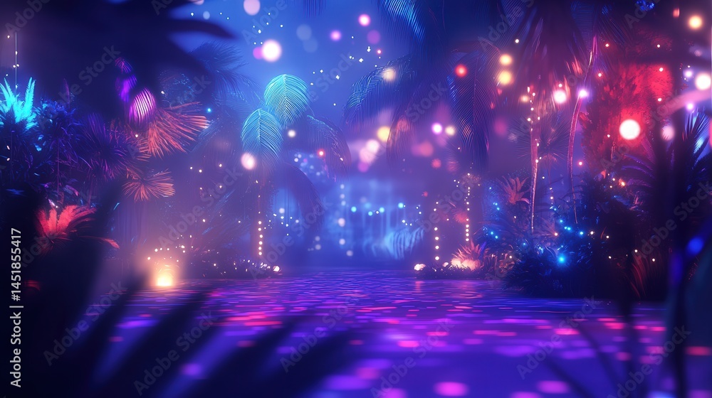 Poster neon blue and purple lights create an electrifying backdrop for a disco theme, while a soft bokeh ef