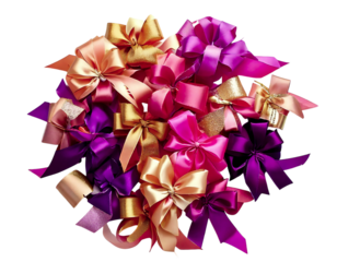 A vibrant collection of satin gift bows in rich purple, pink, and gold hues.