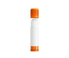 Close-up of an open glue stick with a white body and orange cap. 3d illustration