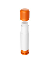 Close-up of an open glue stick with a white body and orange cap. 3d illustration