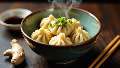 Steaming bowl of dumplings, chopsticks, ginger, soy sauce, rice, clean, asian food