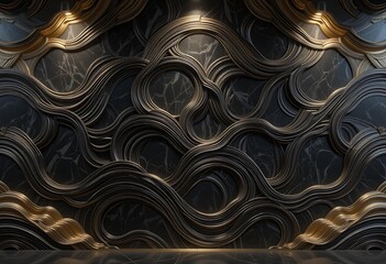 3D Render, Abstract Black And Gold Background, Liquid Waves With Golden Elements
