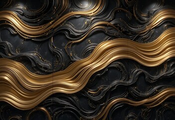 3D Render, Abstract Black And Gold Background, Liquid Waves With Golden Elements