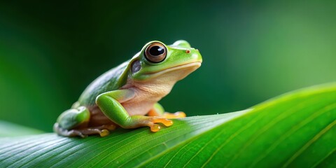 Obraz premium Small green frog sitting on a leaf, amphibian, wildlife