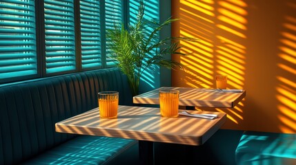 Obraz premium Vibrant cafe interior with sunlight streaming through teal shutters. Two tables with orange juice glasses, cutlery and a potted plant