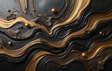 3D Render, Abstract Black And Gold Background, Liquid Waves With Golden Elements