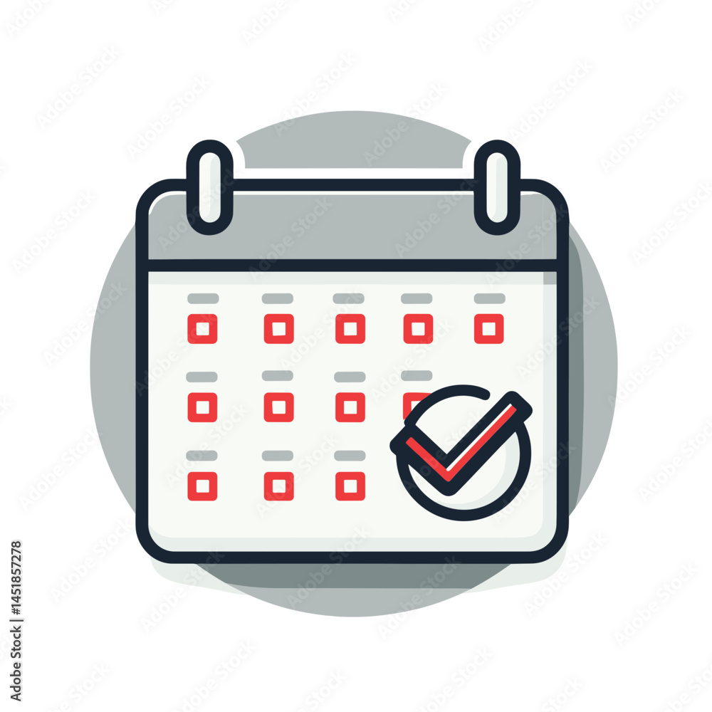 Poster vector calendar icon with checkmark indicating completed tasks in neutral colors, copy space